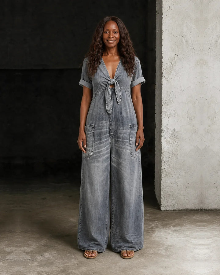 Brianna | Short V-Neck Short Sleeve Denim Overall