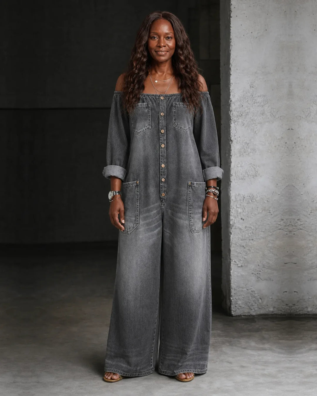 Zaria | Off-Shoulder Long Sleeve Denim Overall
