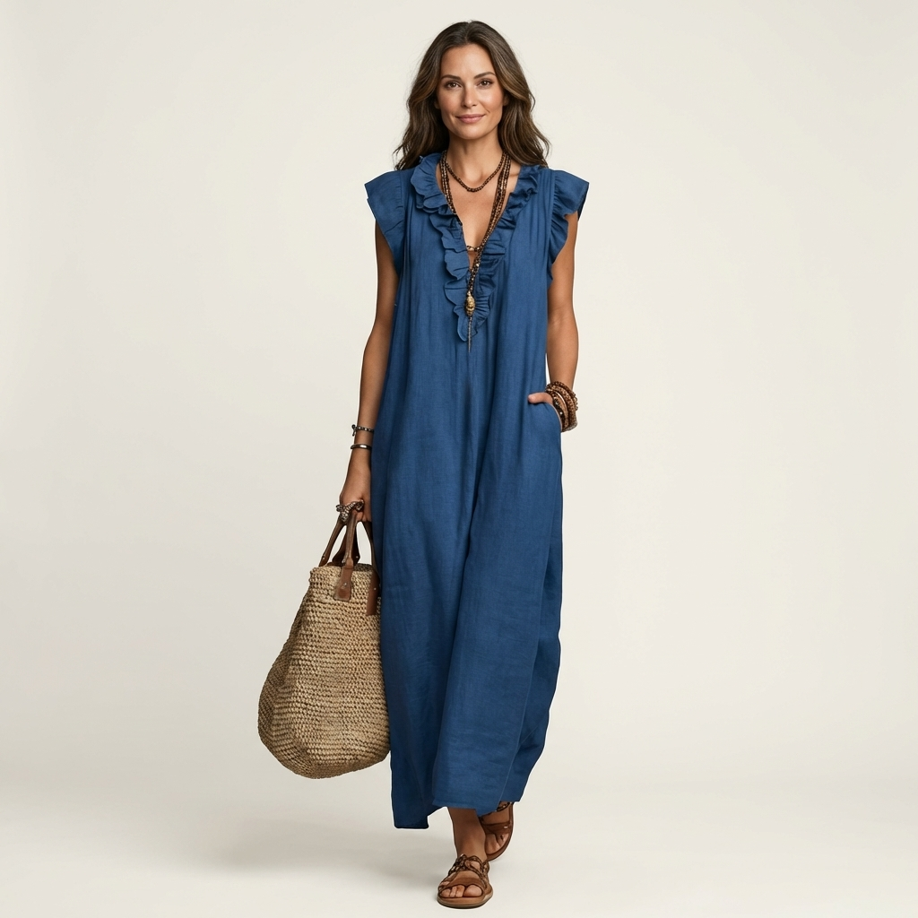 Josette | Ruffle V-Neck Linen Maxi Dress