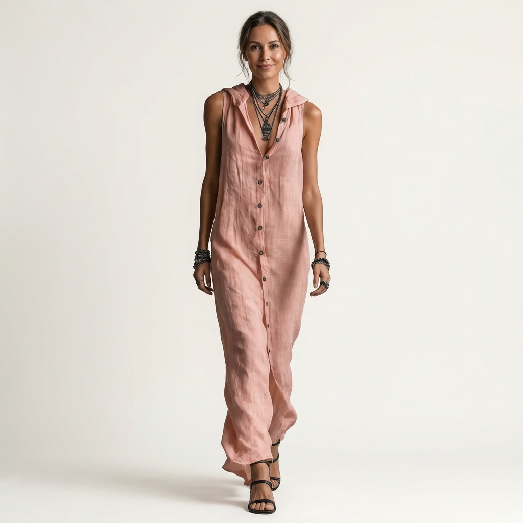 Mirabell | Hooded Button-Front Sleeveless Linen Maxi Dress