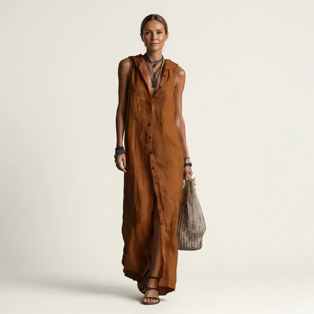 Mirabell | Hooded Button-Front Sleeveless Linen Maxi Dress