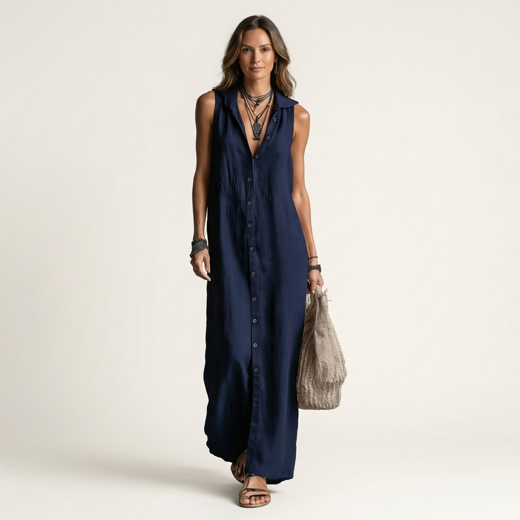 Mirabell | Hooded Button-Front Sleeveless Linen Maxi Dress