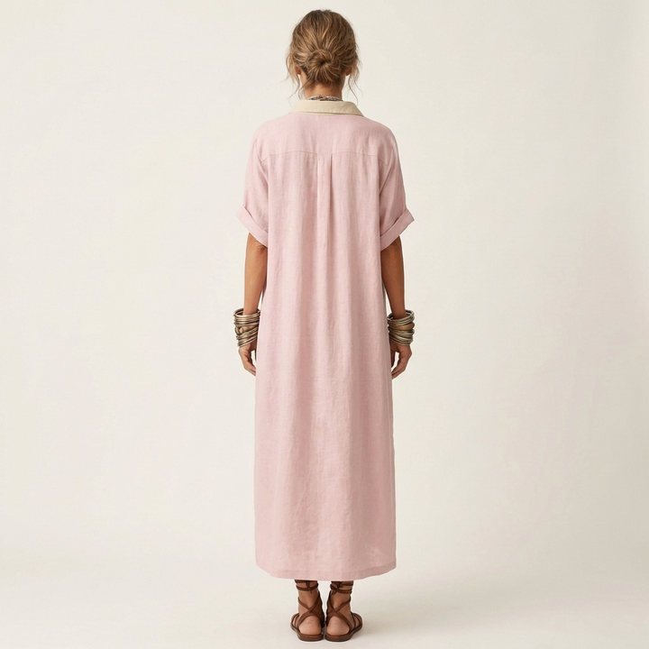 Kamira | Contrast-Collar Button-Front Short-Sleeve Maxi Shirt Dress