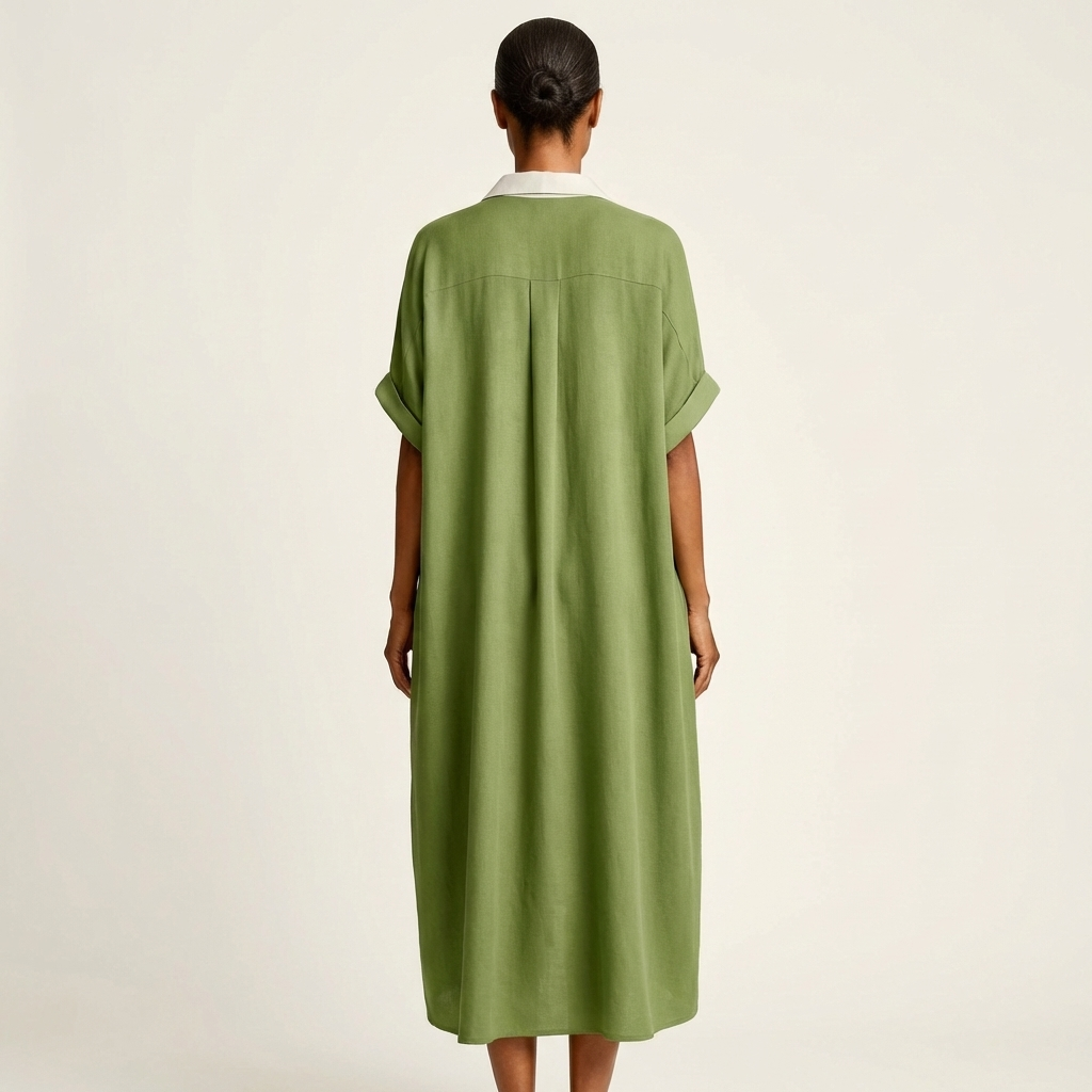 Kamira | Contrast-Collar Button-Front Short-Sleeve Maxi Shirt Dress