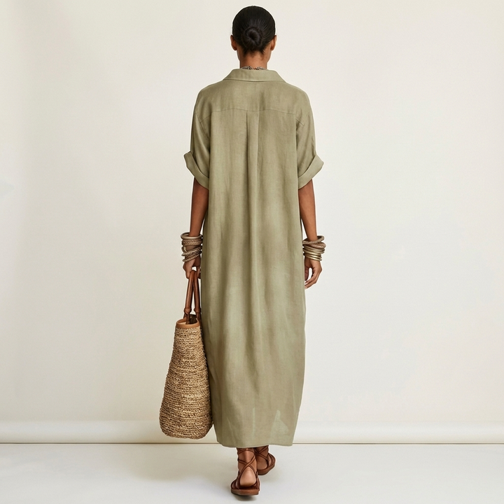 Kamira | Contrast-Collar Button-Front Short-Sleeve Maxi Shirt Dress