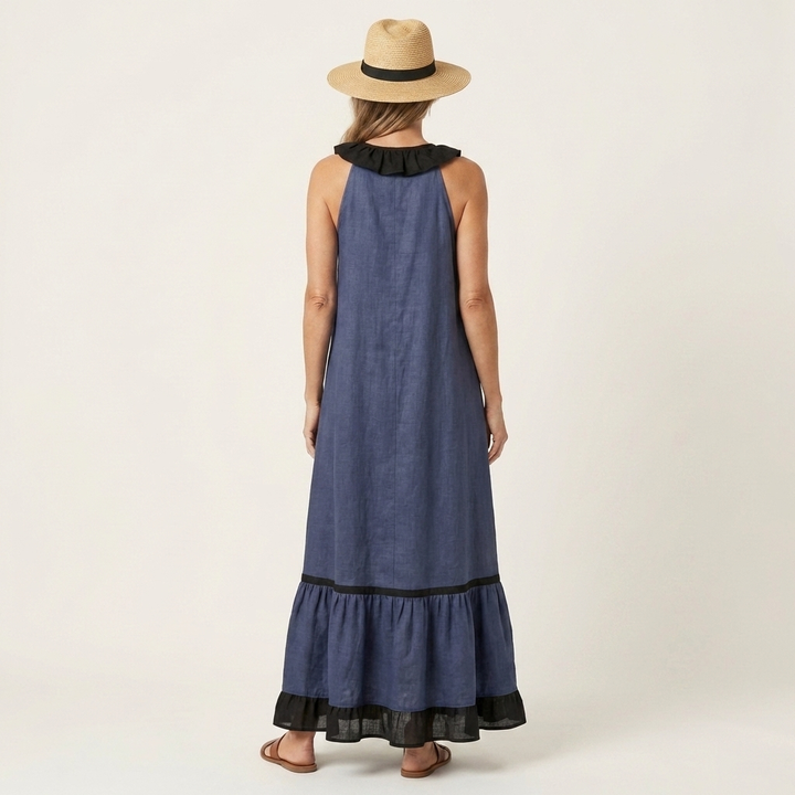 Mayline | Sleeveless Ruffle-Neck Contrast-Trim Maxi Dress