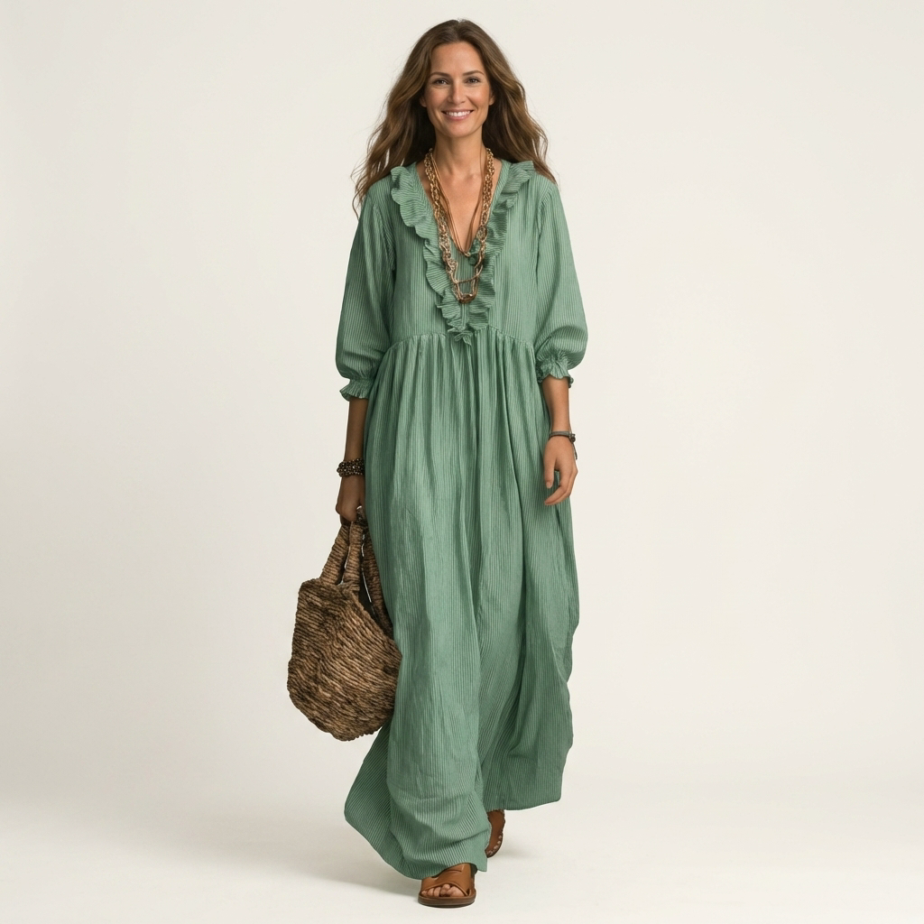 Yosetta | Ruffle V-Neck Striped Lantern-Sleeve Maxi Dress