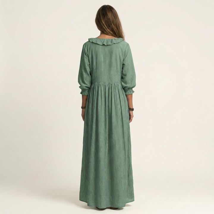 Yosetta | Ruffle V-Neck Striped Lantern-Sleeve Maxi Dress