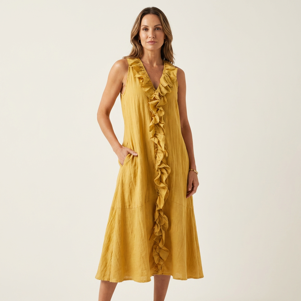 Vicky | Ruffle-Front V-Neck Sleeveless Linen Maxi Dress