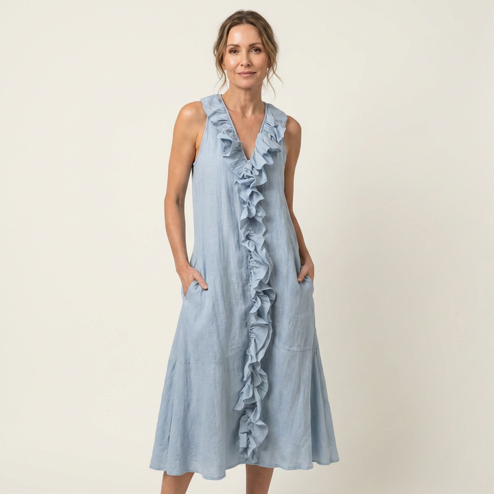 Vicky | Ruffle-Front V-Neck Sleeveless Linen Maxi Dress