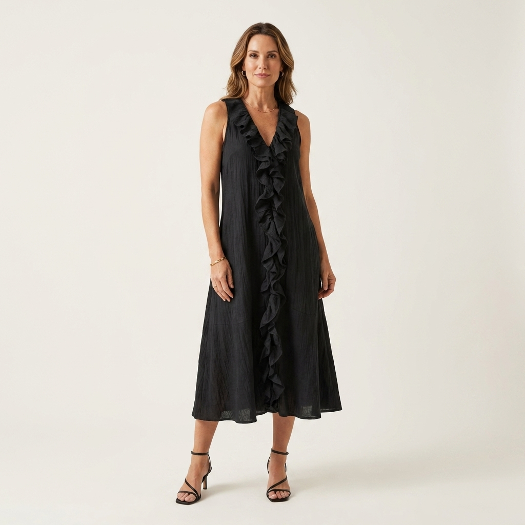Vicky | Ruffle-Front V-Neck Sleeveless Linen Maxi Dress