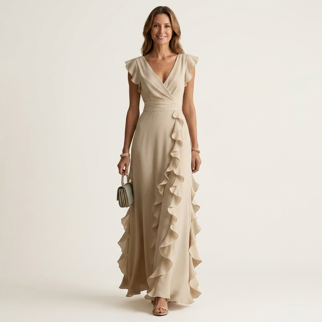 Nellyana | Wrap-Style V-Neck Flutter-Sleeve Cascading Ruffle Maxi Dress