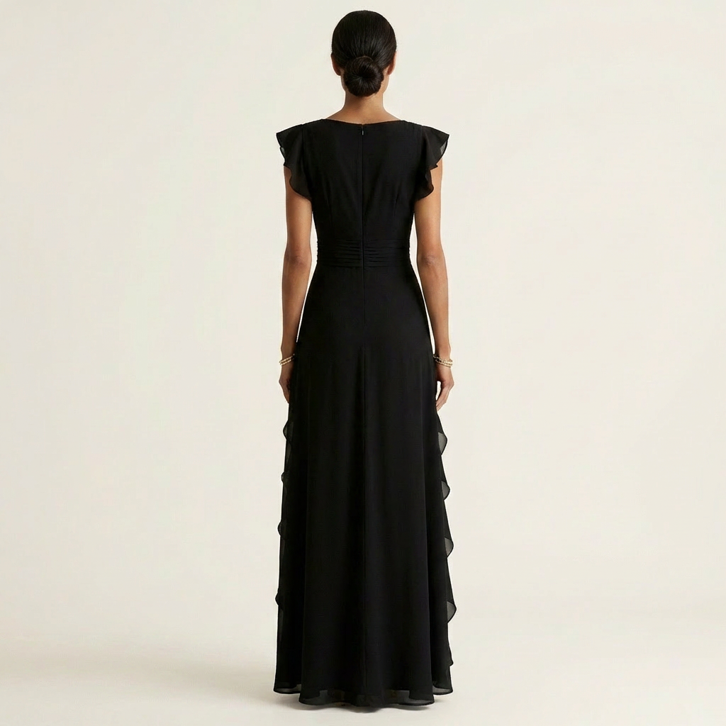 Nellyana | Wrap-Style V-Neck Flutter-Sleeve Cascading Ruffle Maxi Dress