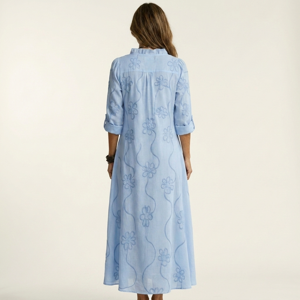 Mariam | Cotton-Linen Maxi Dress with Tonal Floral Embroidery