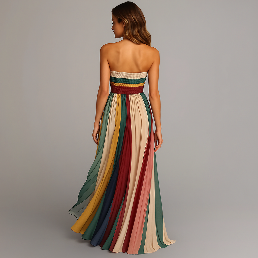 Judith™ | Women's Strapless Colorful Pleated Summer Maxi Dress Strapless 2