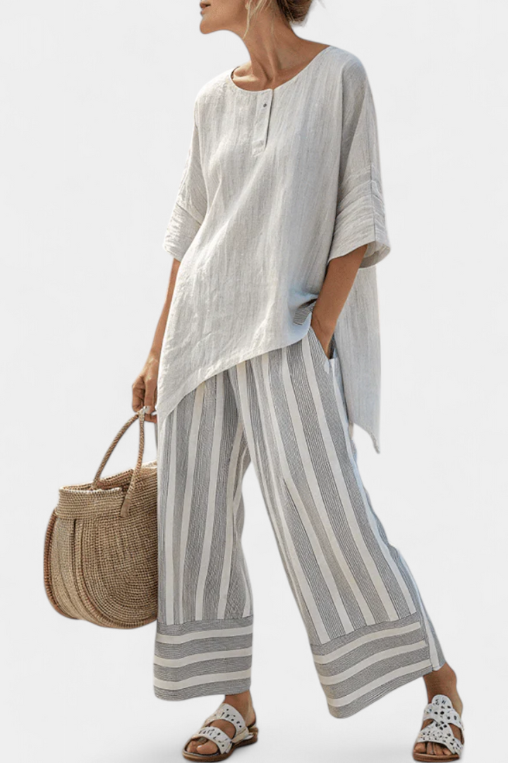 Fiorella - Asymmetric Striped Trouser Set