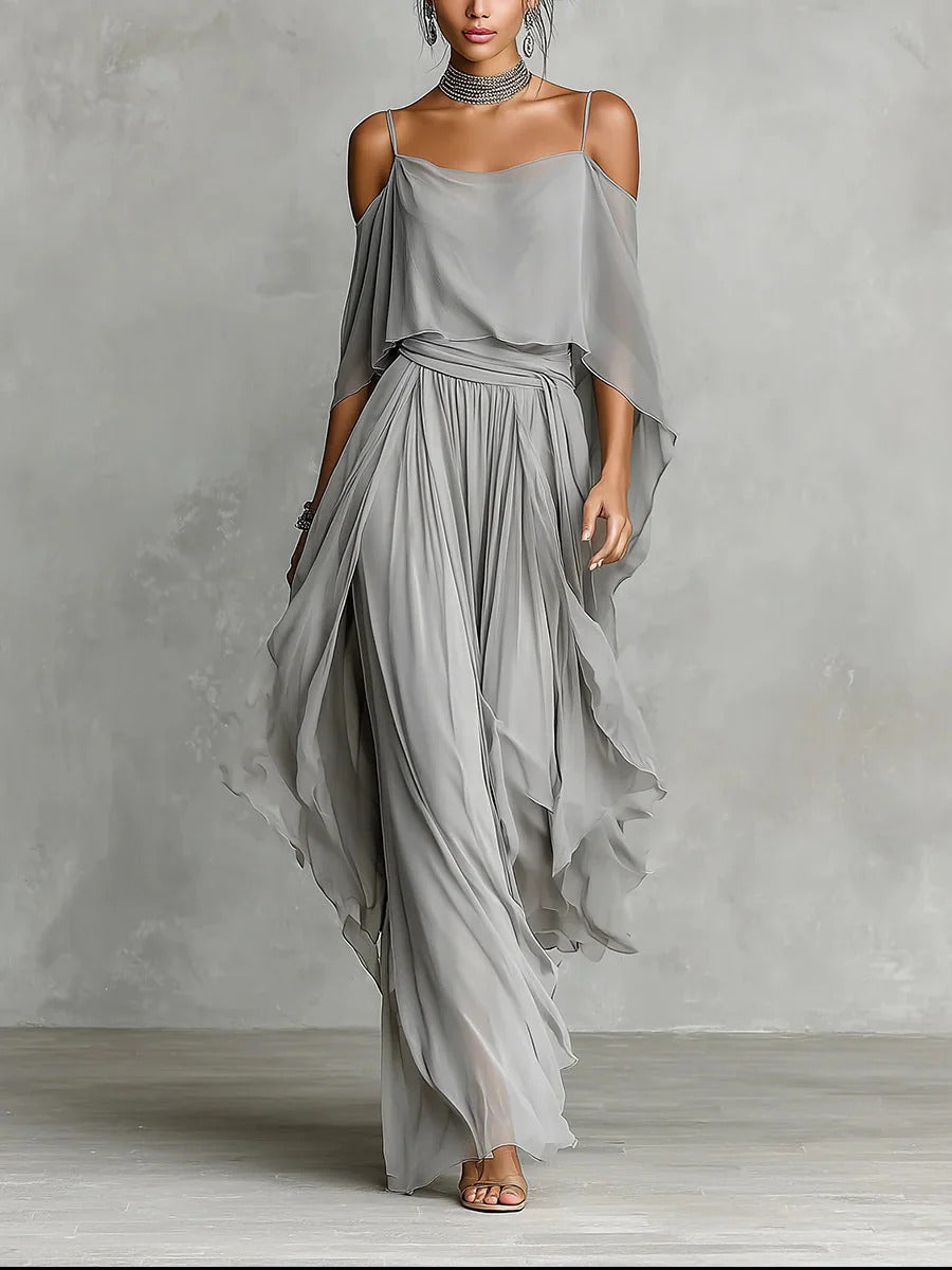Isabela | Gray fluid set with spaghetti strap top and lightweight pants
