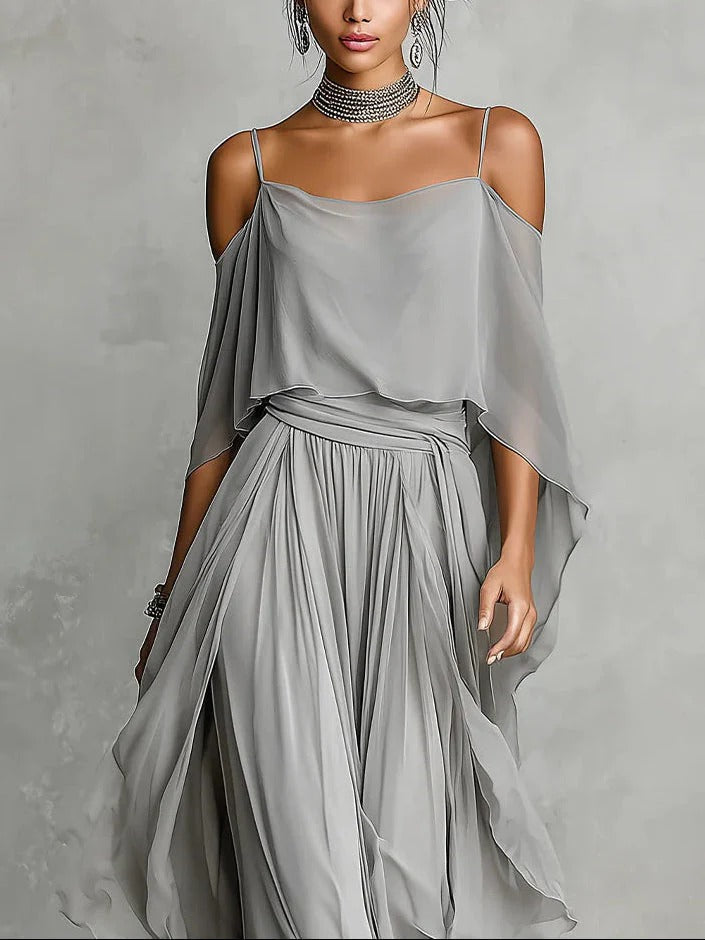 Isabela | Gray fluid set with spaghetti strap top and lightweight pants