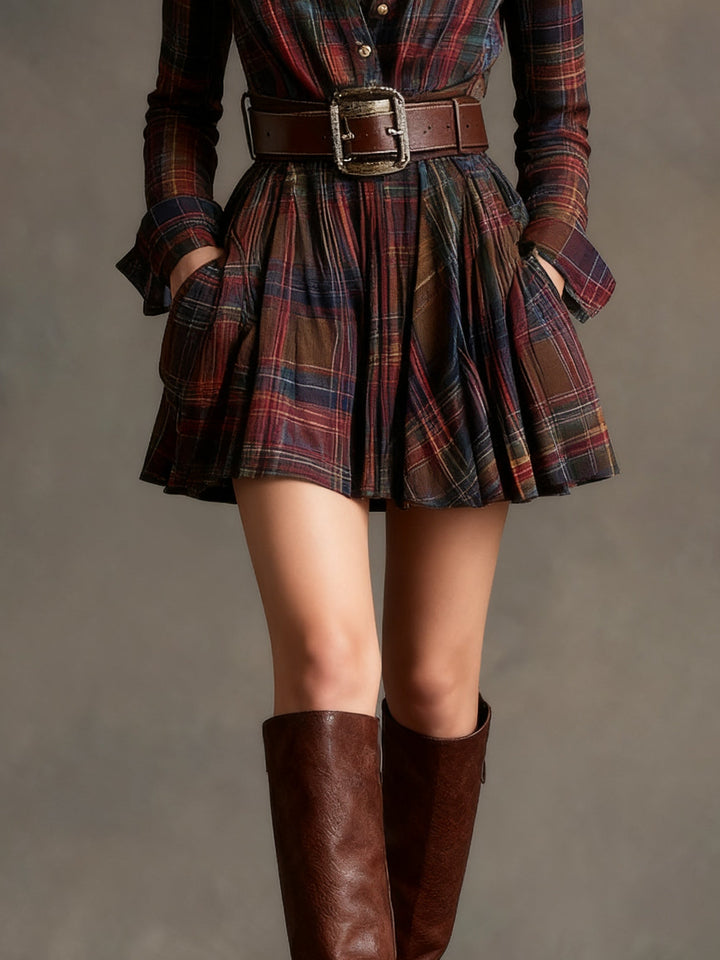 Vintage Lapel Red and Brown Plaid Mini Dress(includes belt)