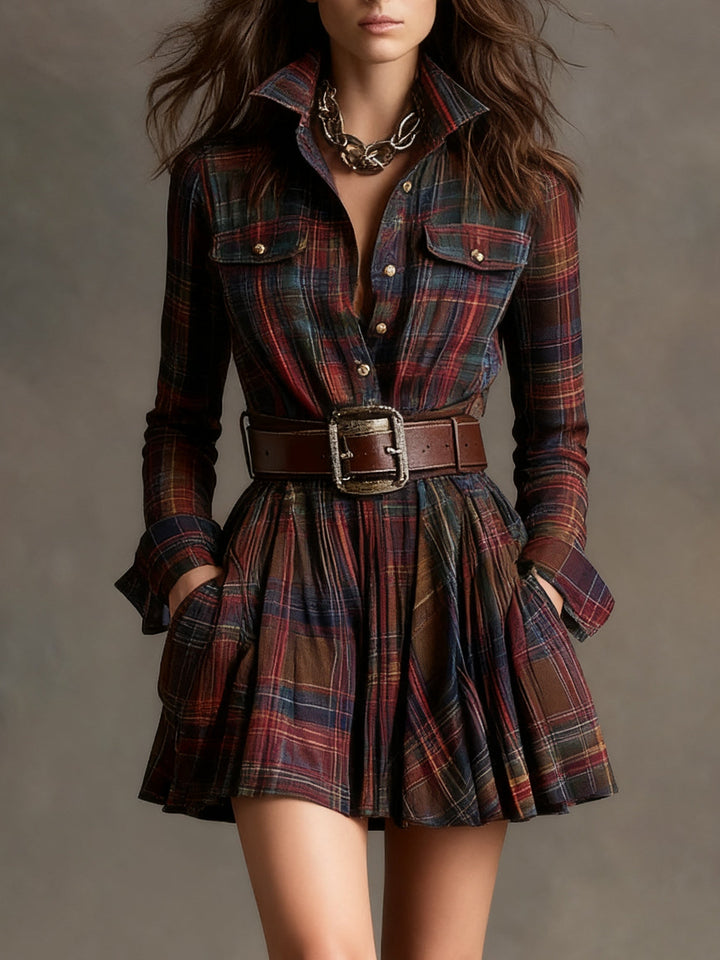 Vintage Lapel Red and Brown Plaid Mini Dress(includes belt)