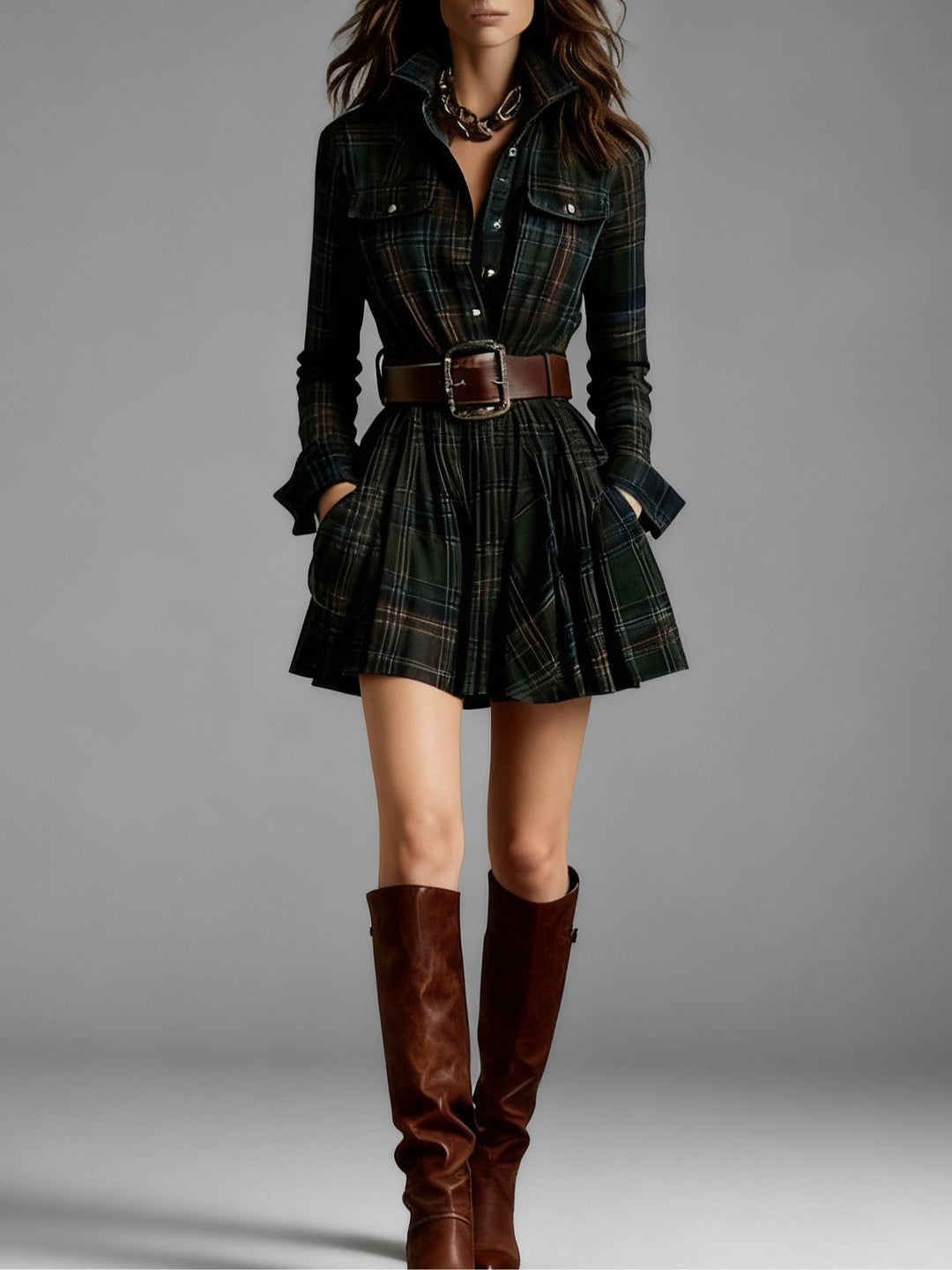 Vintage Lapel Red and Brown Plaid Mini Dress(includes belt)