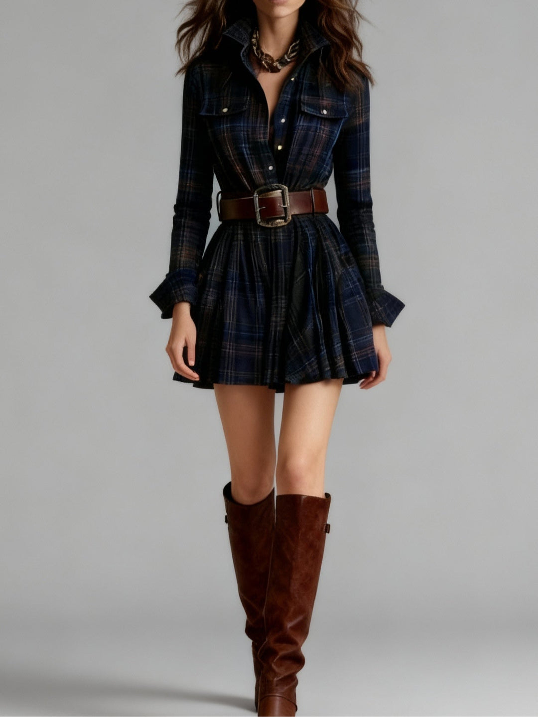 Vintage Lapel Red and Brown Plaid Mini Dress(includes belt)