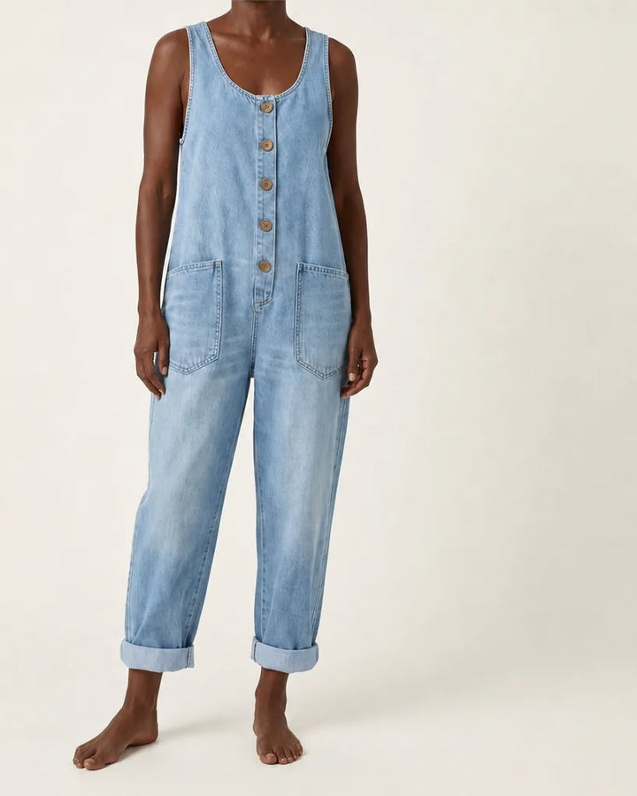 Liva | Button-Strap Denim Jumpsuit