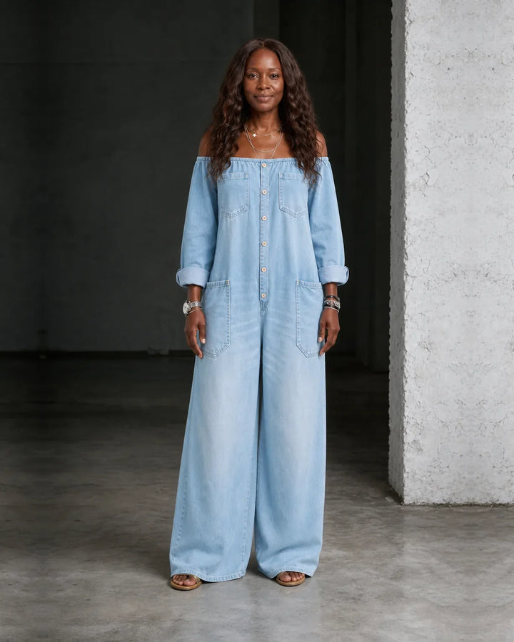 Zaria | Off-Shoulder Long Sleeve Denim Overall