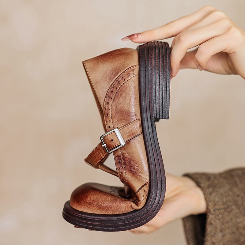 Rosie | Women's Leather T-Strap Mary Jane Shoes Brogue Block Heel