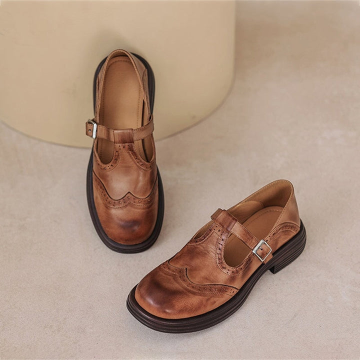 Rosie | Women's Leather T-Strap Mary Jane Shoes Brogue Block Heel