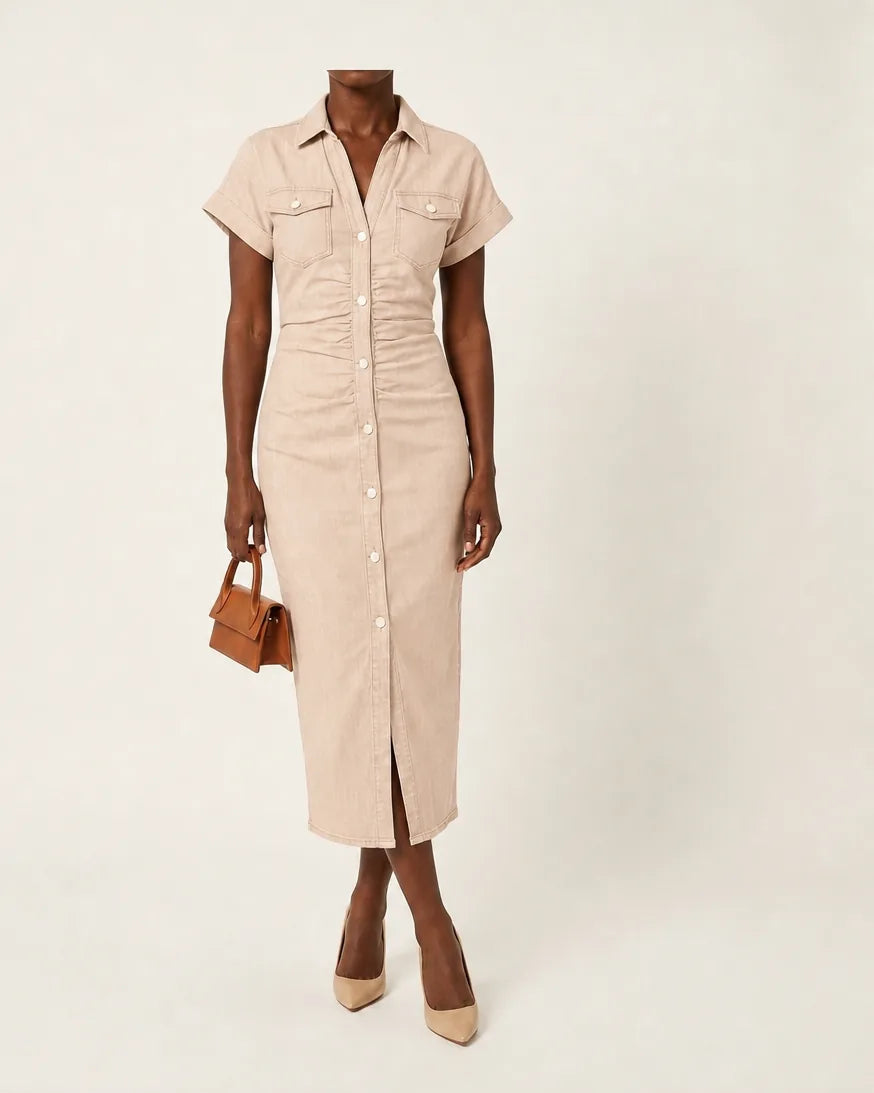 Oriane | Button-Front Denim Bodycon Midi Dress