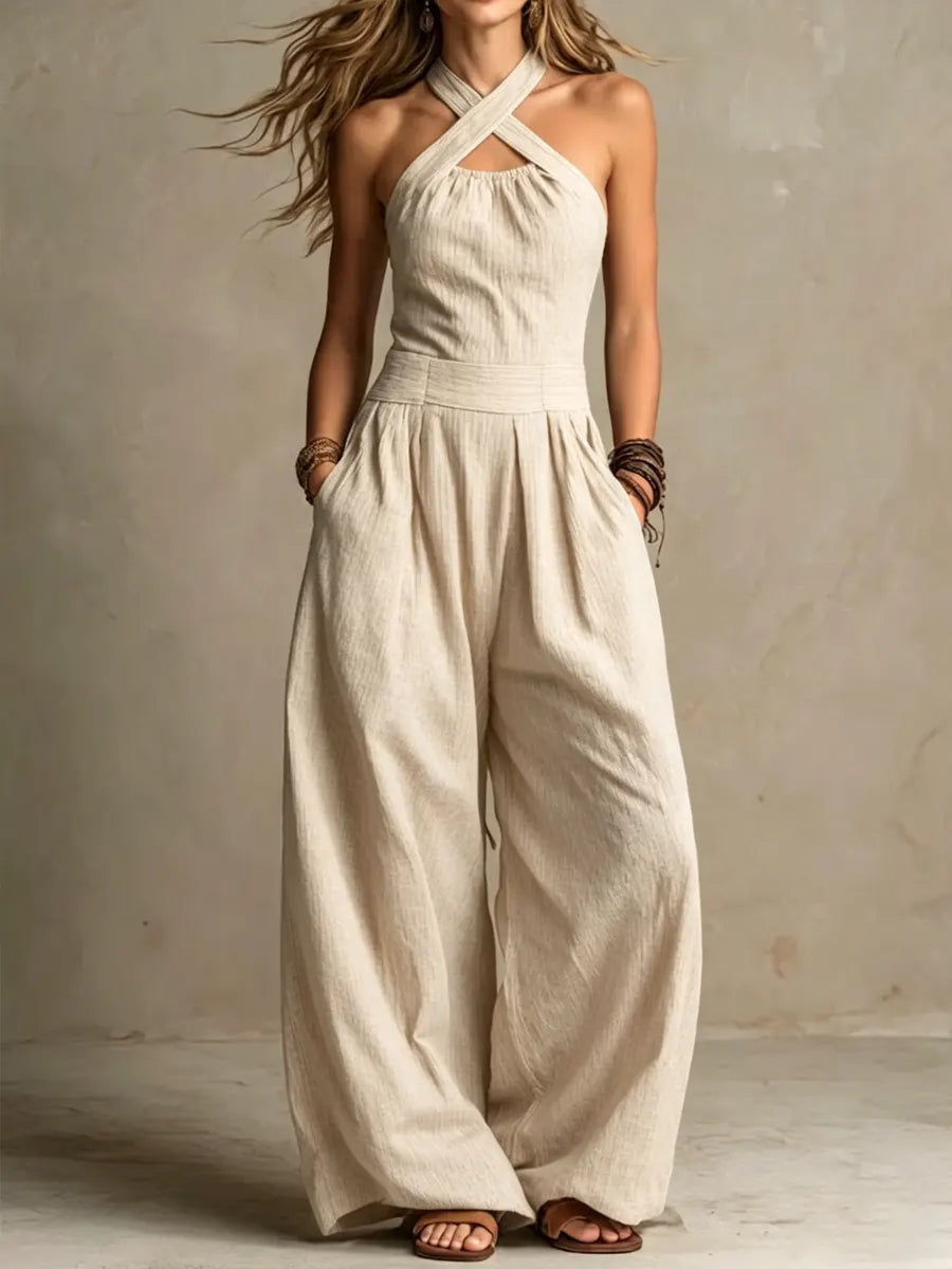 Saskia™ | Crossover Halter Wide-Leg Jumpsuit