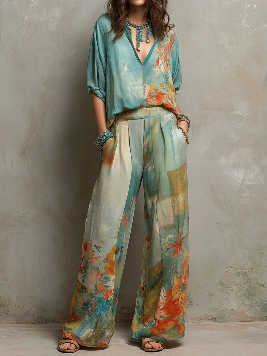 Chiara – Elegant Floral Print Set with Wide-Leg Trousers