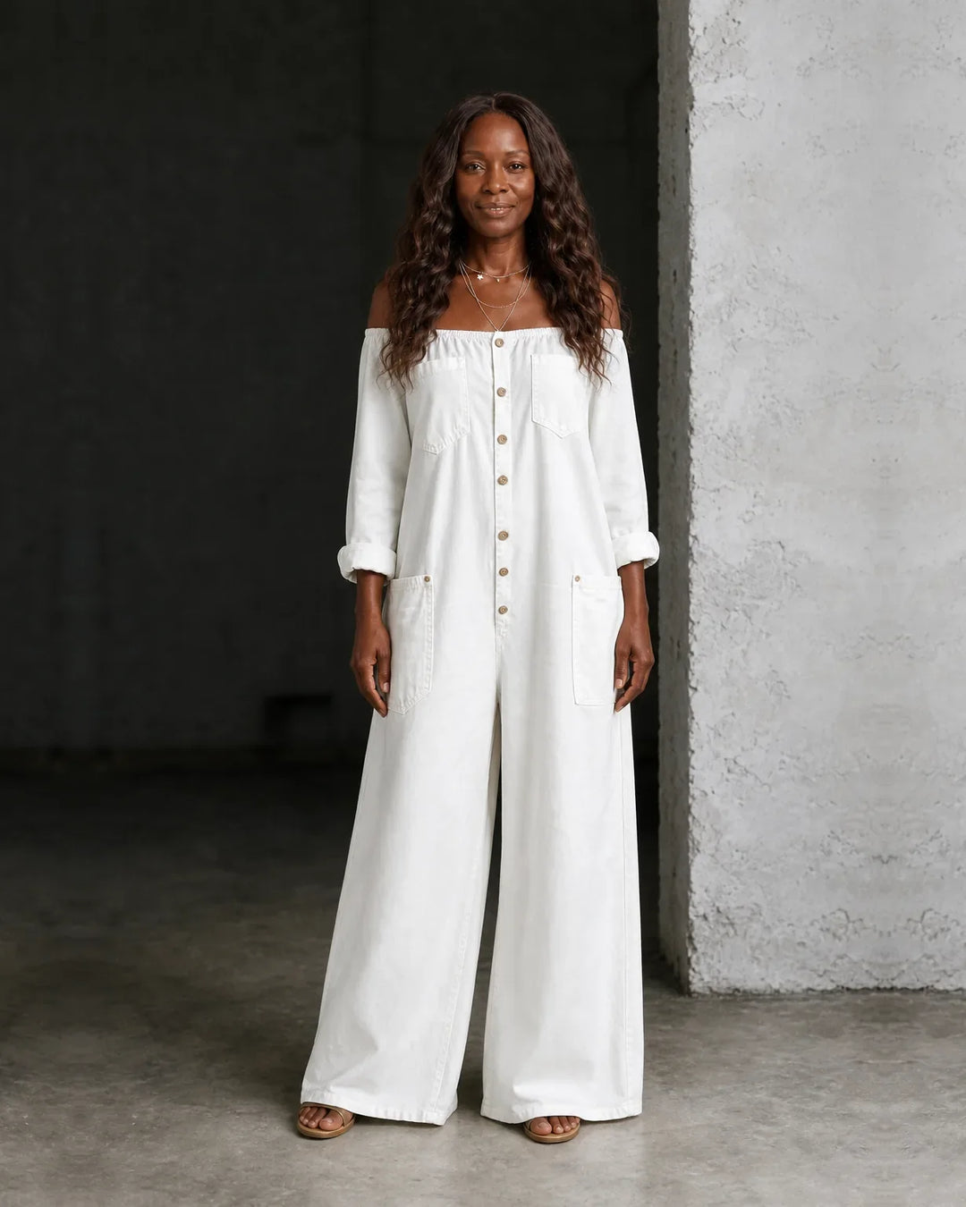 Zaria | Off-Shoulder Long Sleeve Denim Overall